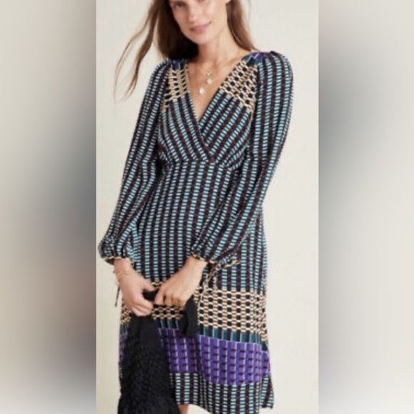 Maeve Anthropologie Gianna Tunic V Neck Dress Geometric Long Sleeves size 10 - Picture 1 of 12